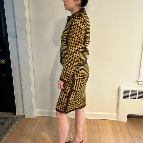 VTG PHILOSOPHY DI ALBERTA FERRETTI Wool houndstooth leather Skirt Jacket Set S - Picture 2 of 16